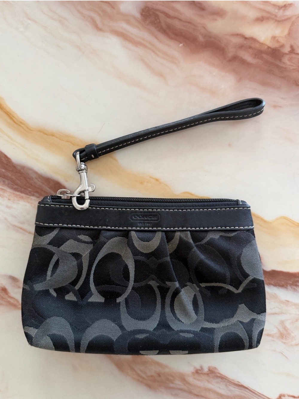 Coach Black Signature Jacquard Wristlet Zip Pouch black grey